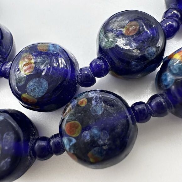 Art Glass Necklace Cobalt Blue Speckled Pressed Disc Style and Seed Beads 20" - Picture 6 of 10
